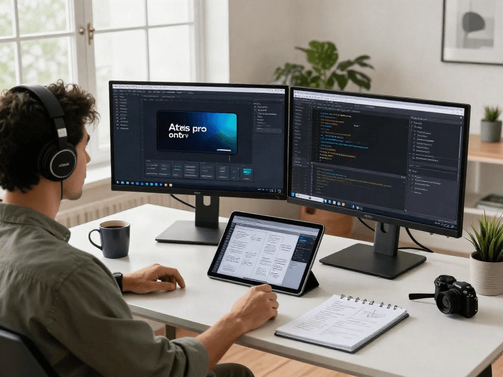 Un développeur utilisant Atlas pro ontv dans son bureau moderne, avec des écrans montrant du code et des designs d'application.
