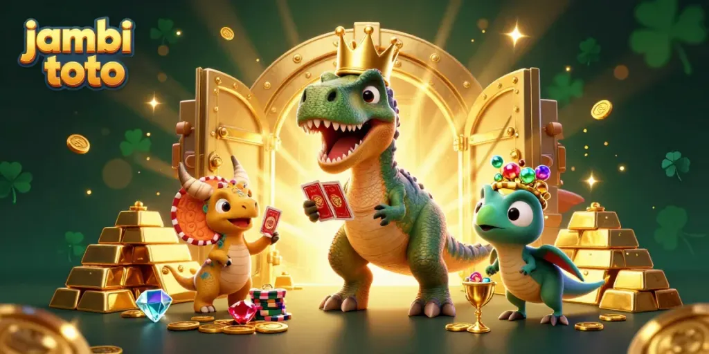 Engaging jambi toto illustration with dinosaur characters playing cards and stacking chips in a vibrant casino scene.