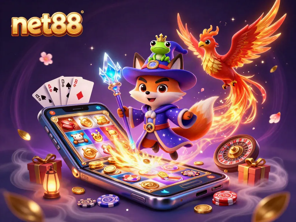 Experience the thrill of net88 with a mystical 3D wizard fox and gaming symbols.