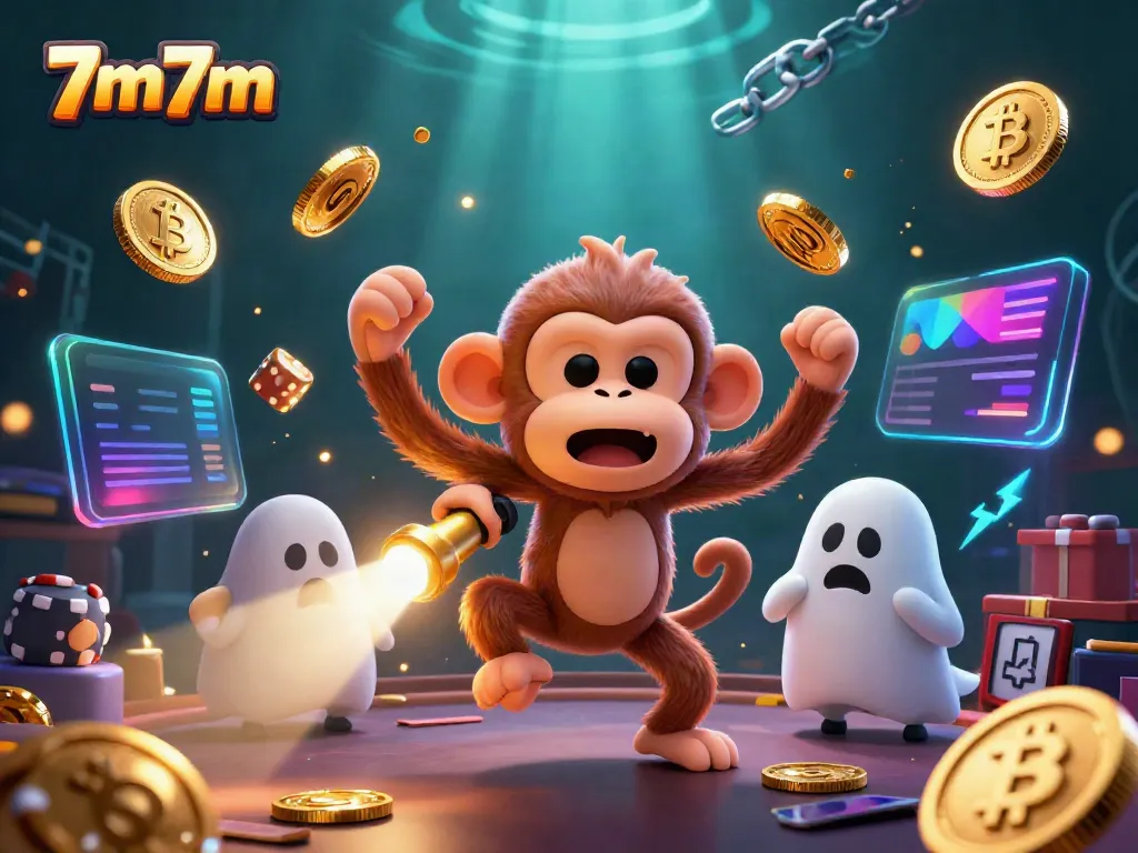 Engaging 7m7m themed illustration showcasing a mischievous poltergeist monkey and ghost-hunter puppy in a vibrant casino.