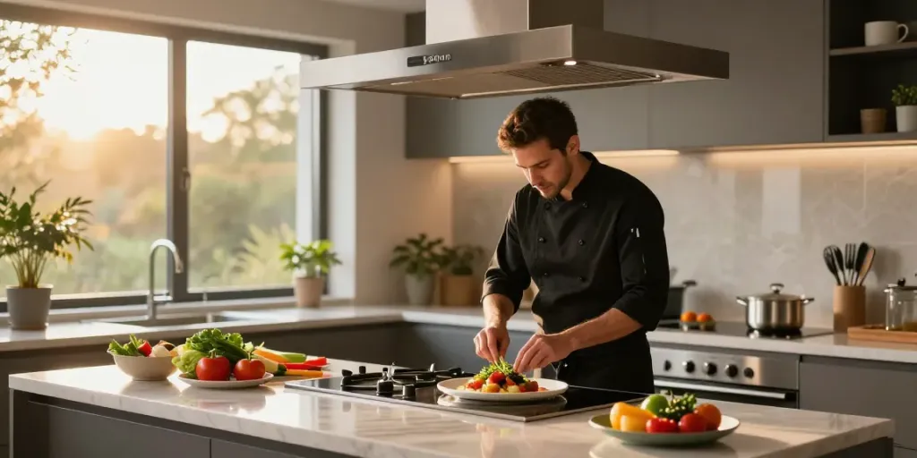 Hotte aspirante moderne dans une cuisine élégante avec une ambiance chaleureuse.