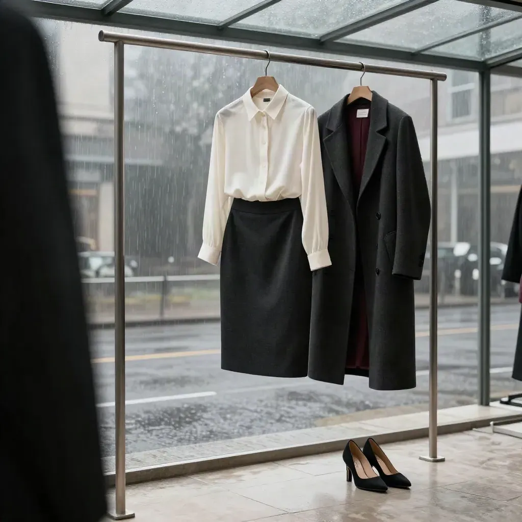 Tenue noir charbon sur portant minimal sous verrière, pluie fine et brume urbaine.