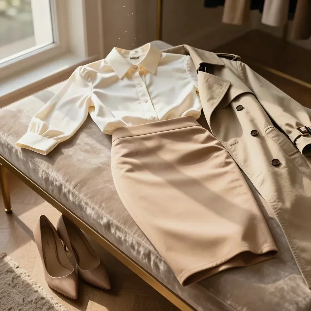 Tenue ivoire et sable sur une banquette de dressing, lumière douce de fin d’après-midi.