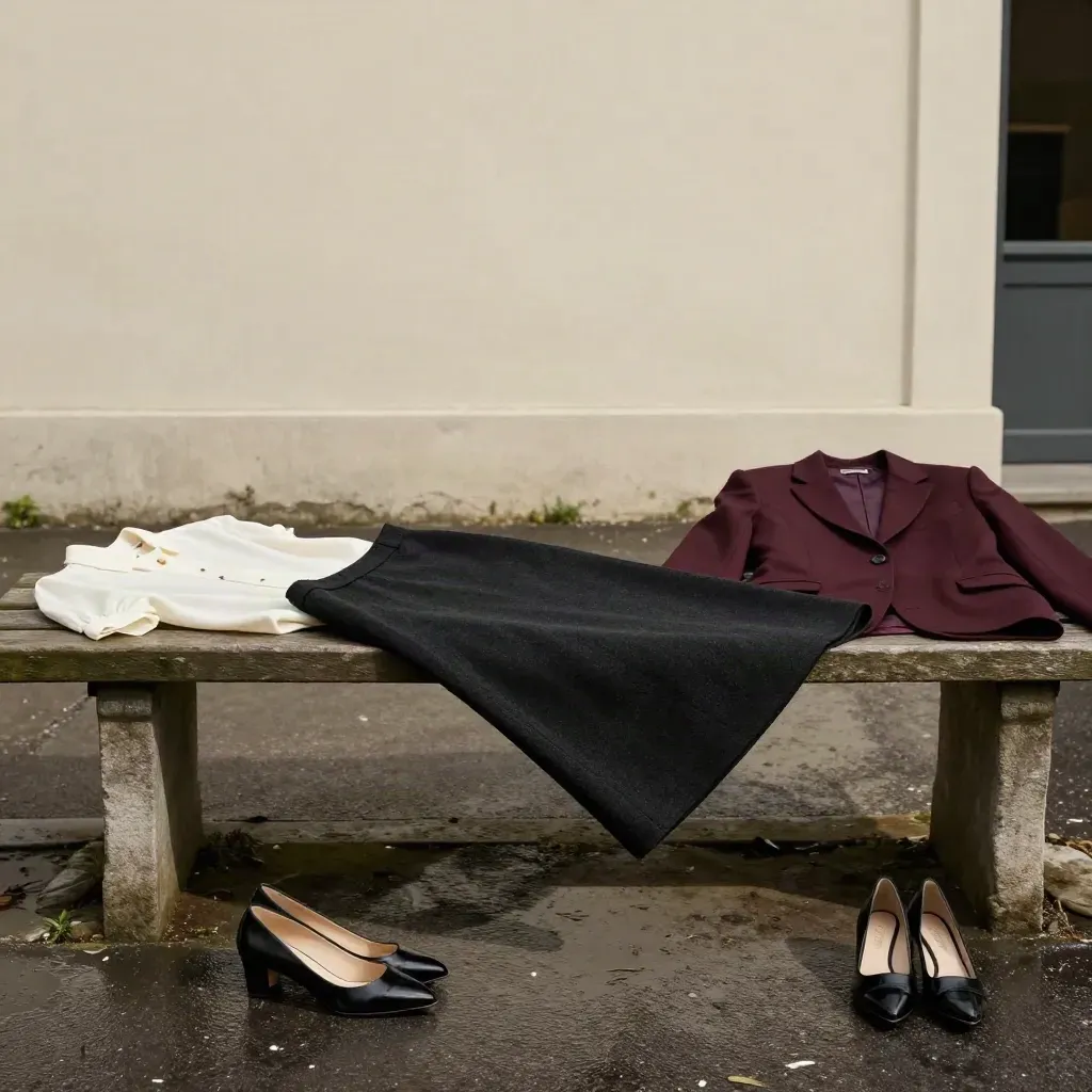 Jupe crayon noire, blouse ivoire, blazer bordeaux, escarpins et pochette sur banc de pierre humide.