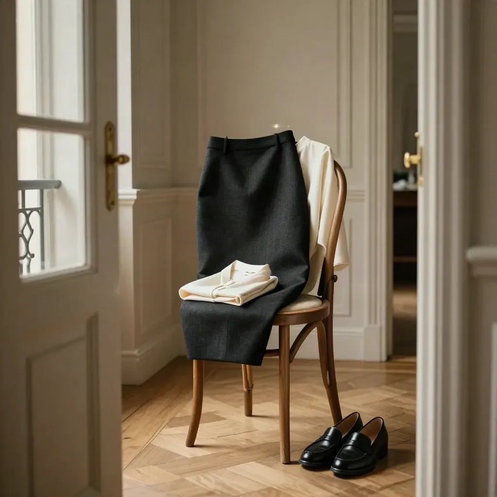 Jupe crayon noire et blouse ivoire sur chaise de bistrot dans un appartement parisien.