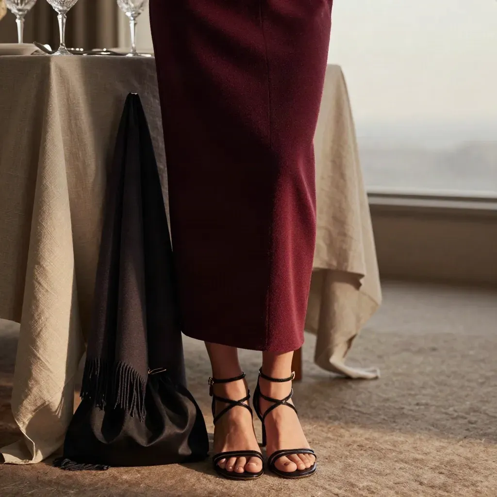 Jupe bordeaux, pochette noire et sandales fines près d’une table dressée, lumière du soir.