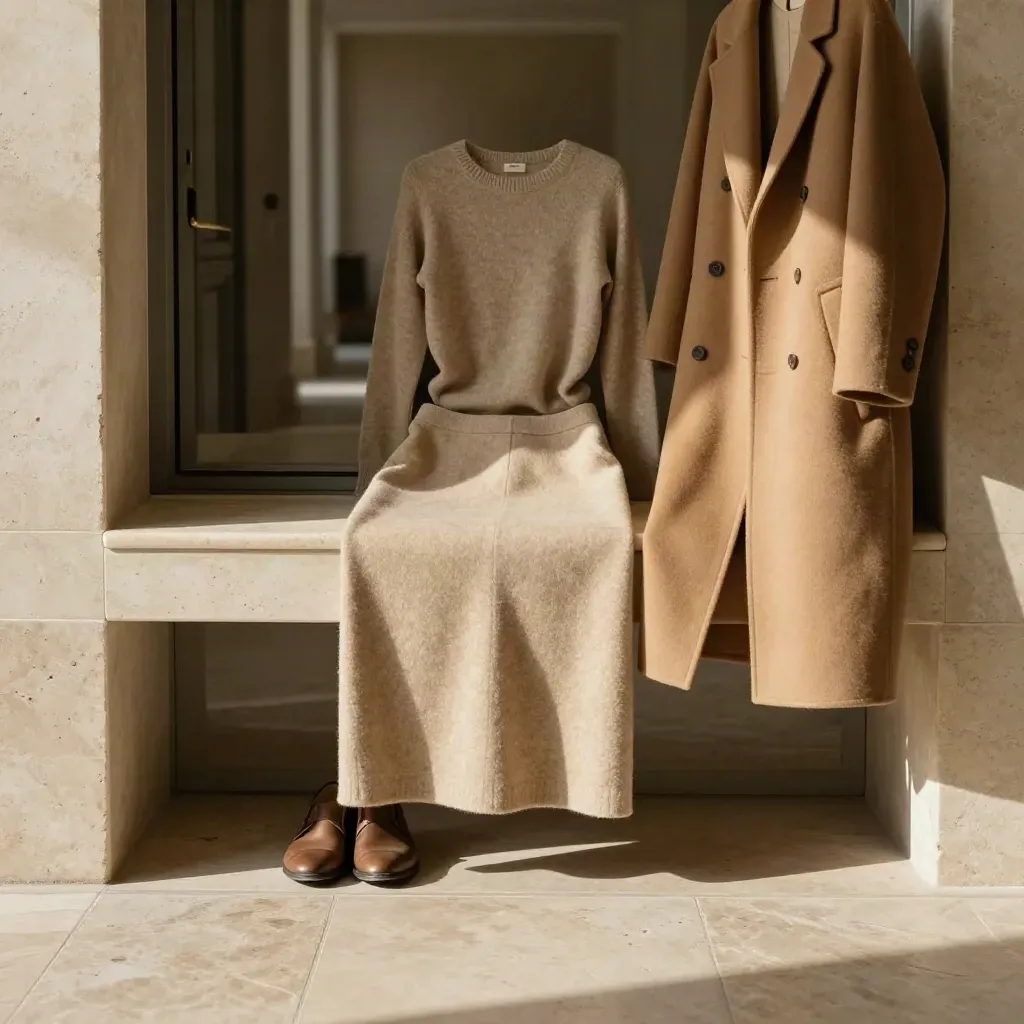 Jupe midi sable, pull et manteau sur un banc d’entrée en travertin, porte entrouverte sur un couloir.