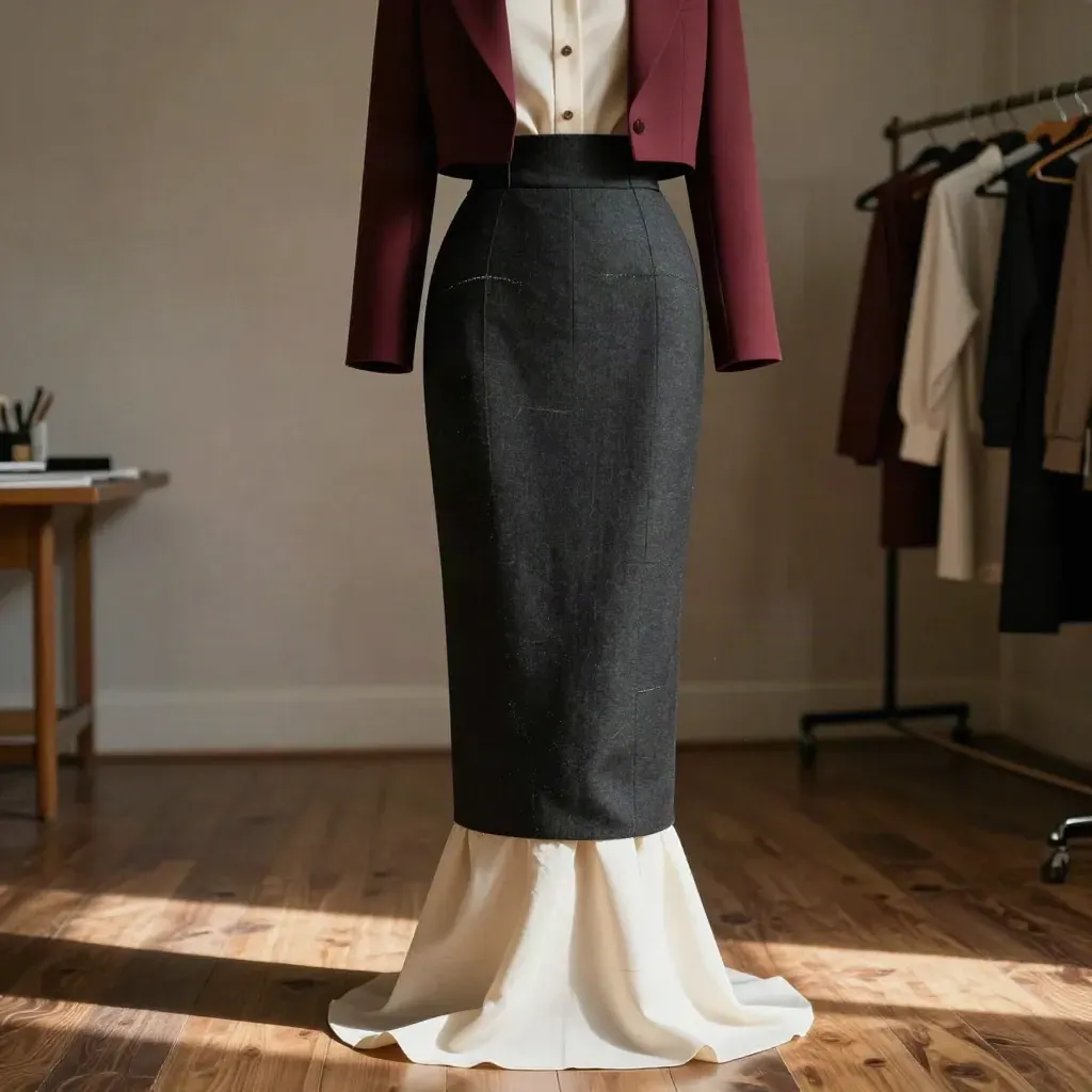 Buste d’atelier avec jupe taille haute noire, blouse ivoire et veste bordeaux