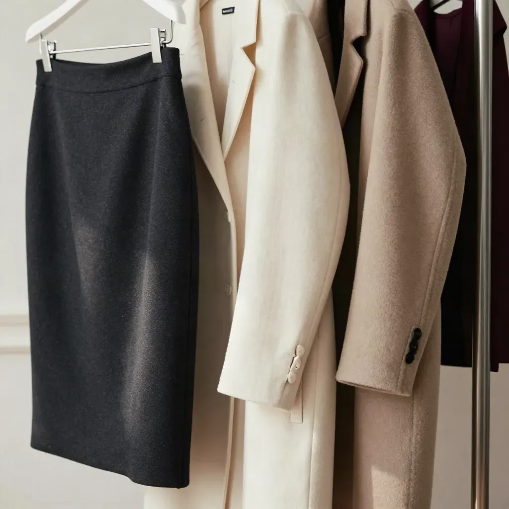 Jupe, chemise et manteau suspendus sur un portant, dans une lumière de couloir élégante.