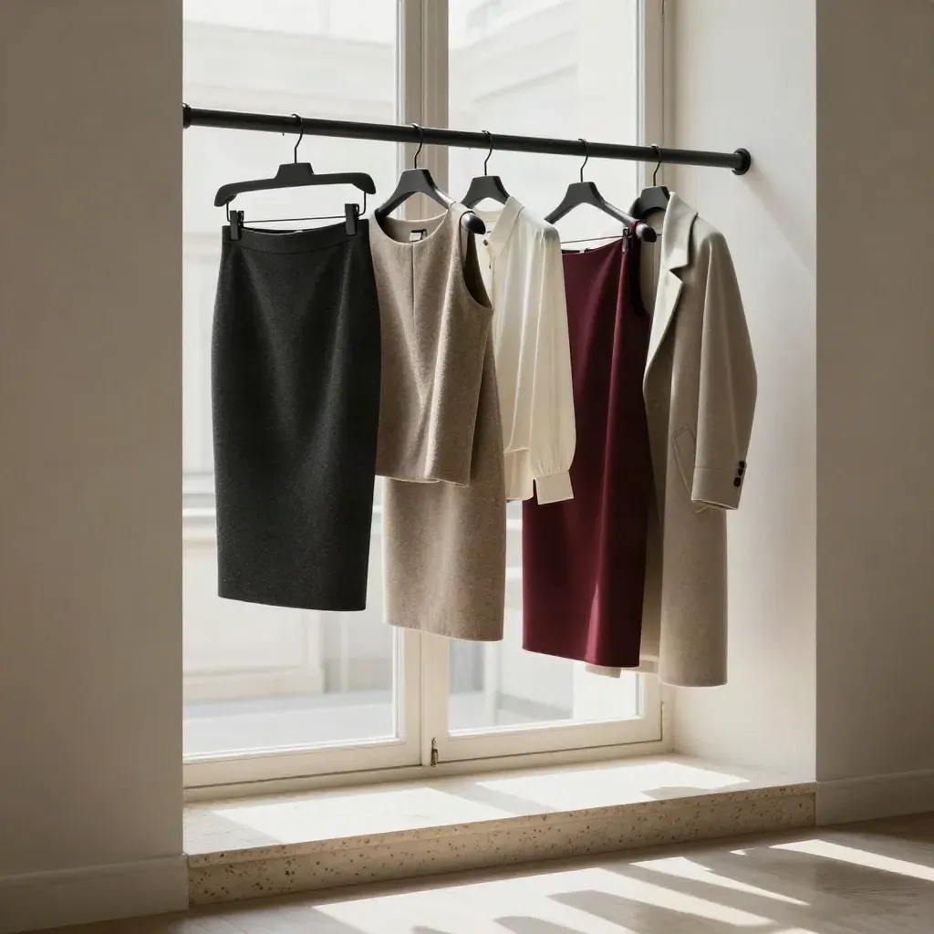 Portant noir près d’une haute fenêtre, trois jupes, blouse et manteau léger dans une lumière humide.