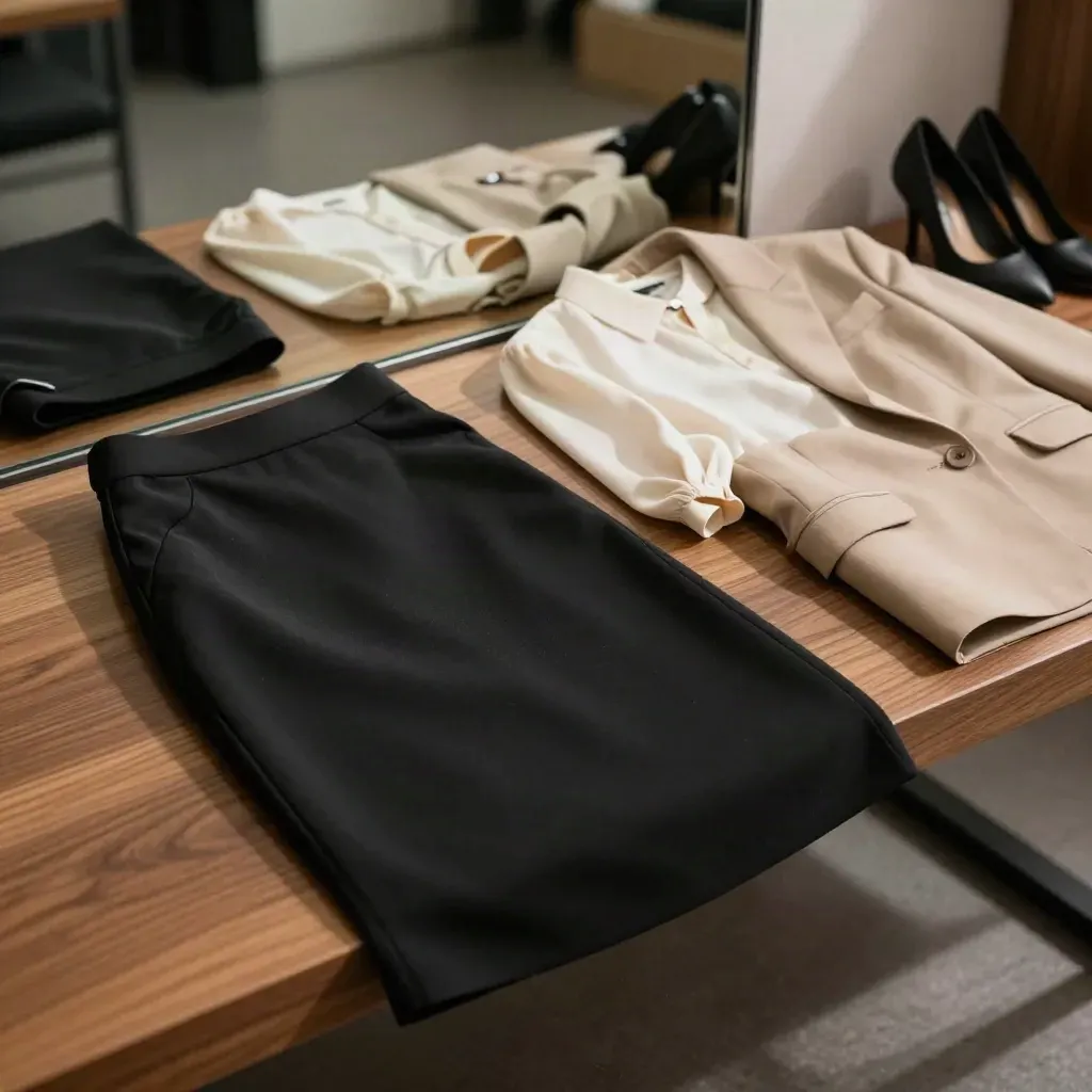 Tenue bureau noire et ivoire sur banc en bois, devant un miroir flou.