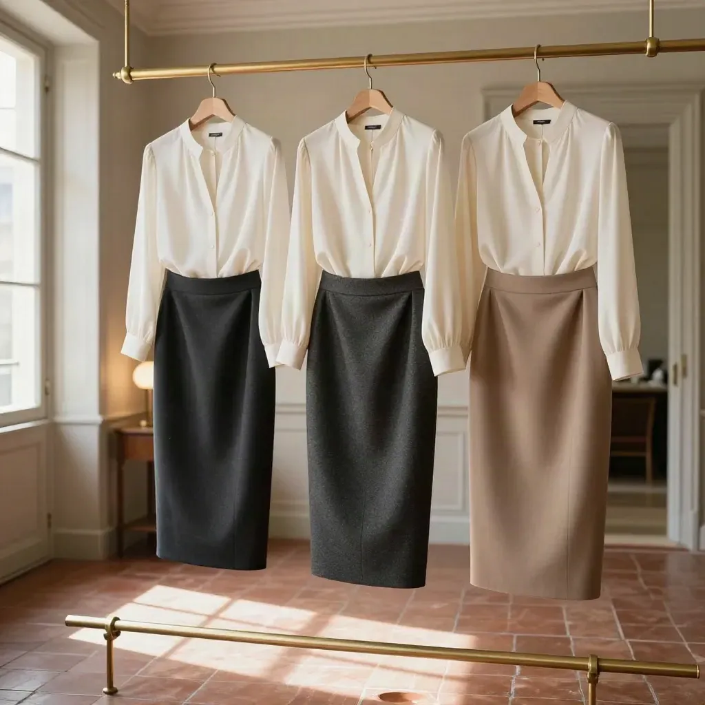 Trois looks midi jupe crayon et blouse ivoire sur un portant clair dans une entrée parisienne.