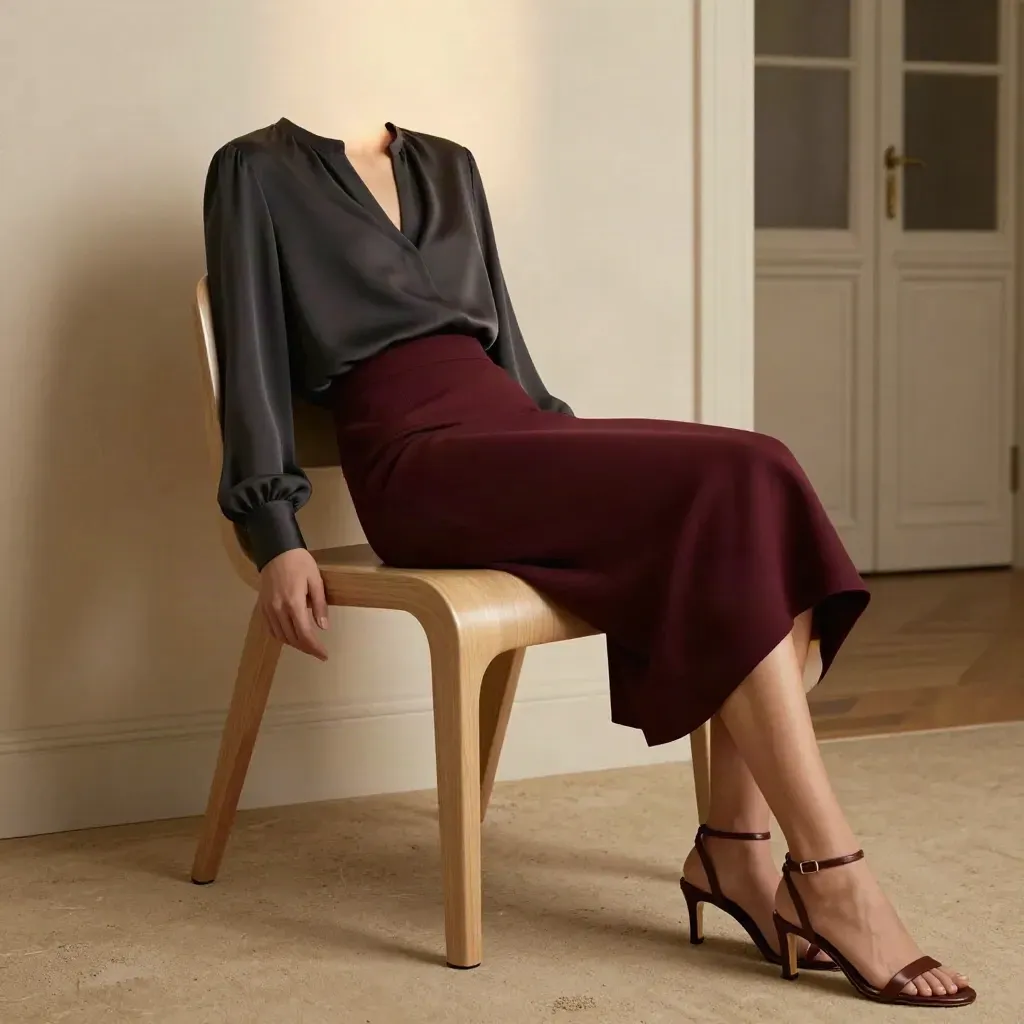 Tenue bordeaux posée sur une chaise sculpturale, lumière du soir