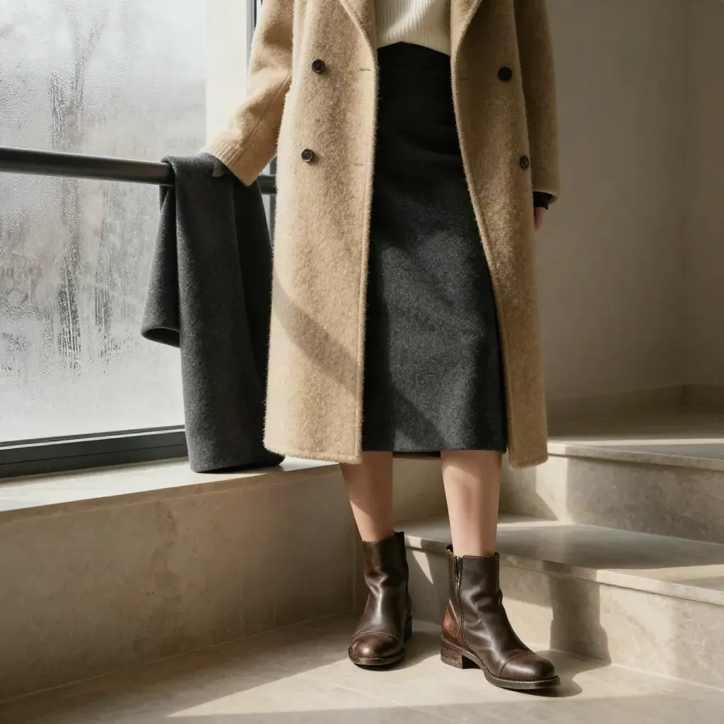 Manteau sable, jupe d’hiver et bottines près d’une fenêtre froide sur un palier.