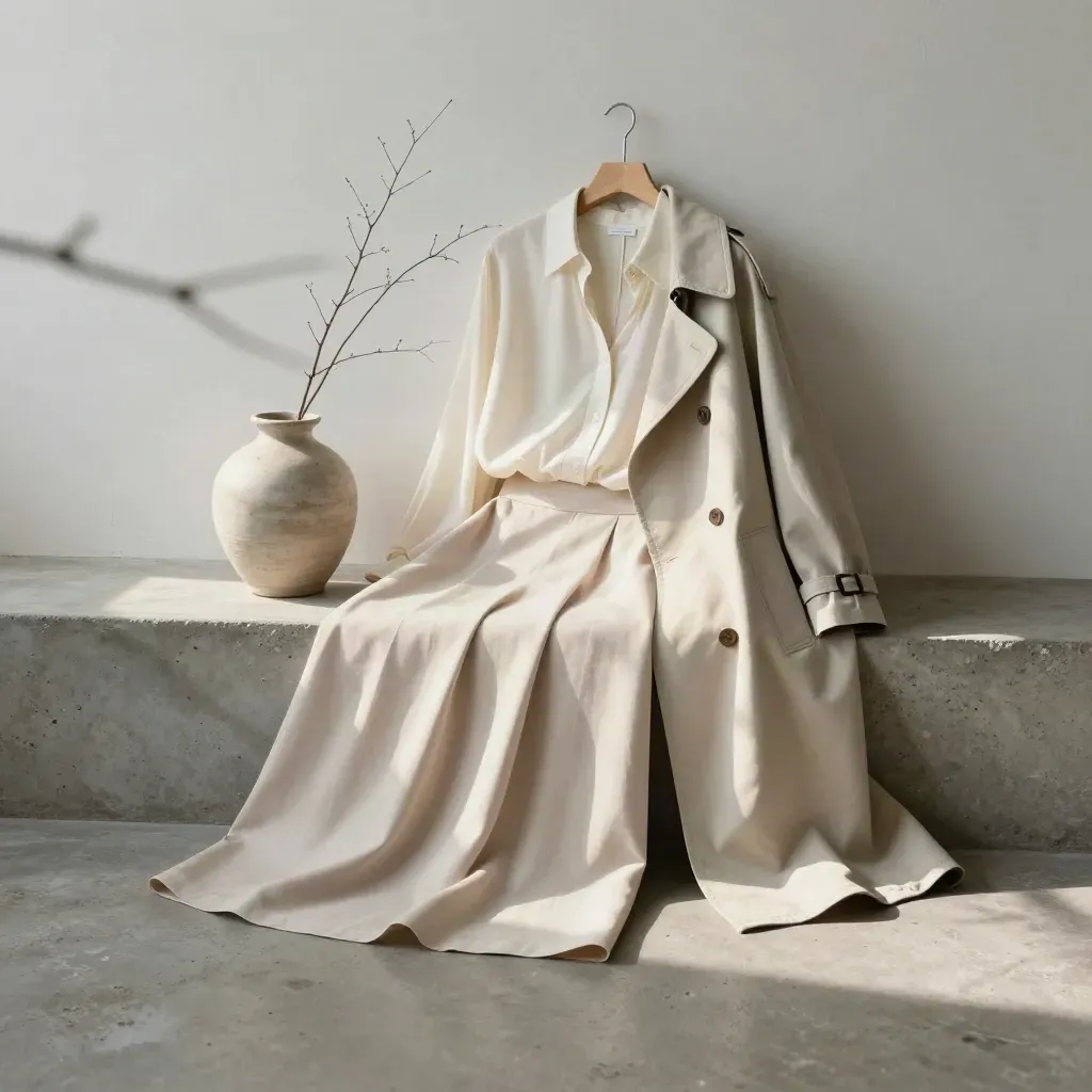 Jupe légère, blouse douce et trench ivoire près d’un vase et de branches, lumière du matin.