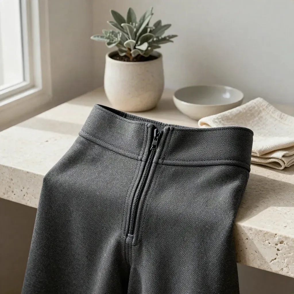 Empiècement de taille de jupe, zip invisible, plante, coupelle et linge sur tablette de pierre.