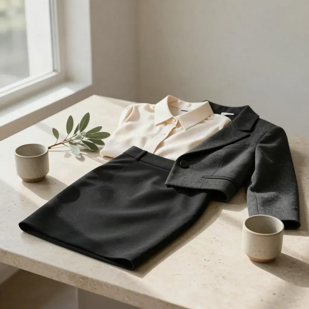 Tenue bureau avec jupe crayon noire, blouse ivoire, veste et plante sur pierre claire
