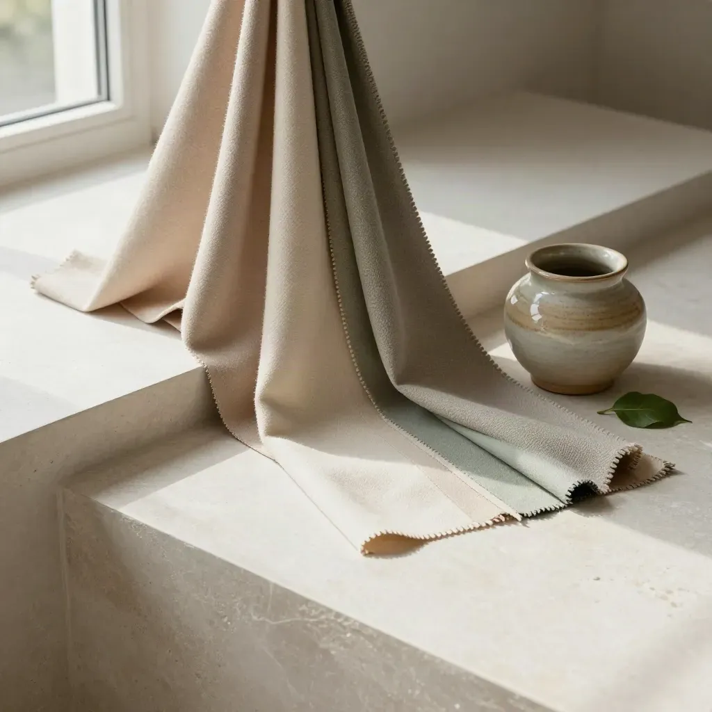 Échantillons de laine, crêpe et gabardine avec pot en céramique et feuille verte sur fond clair.