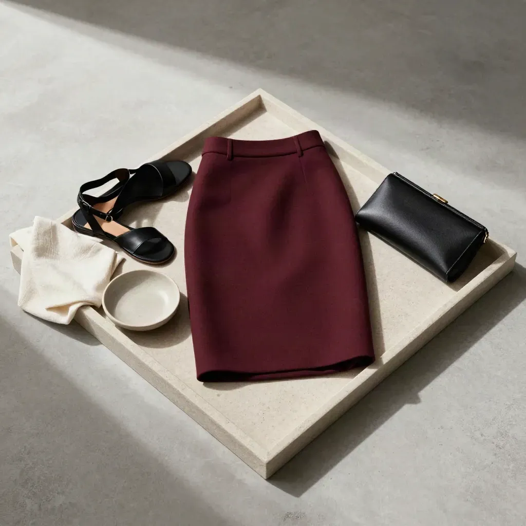 Jupe bordeaux pliée, sandale noire, pochette et coupelle sur pierre, lumière du soir.