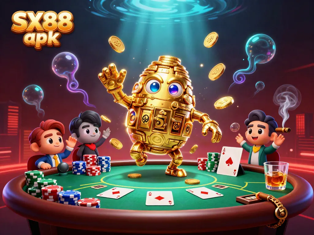 Engage in thrilling gameplay with SX88 apk's rich 3D rendering featuring a golden golem and poker elements.