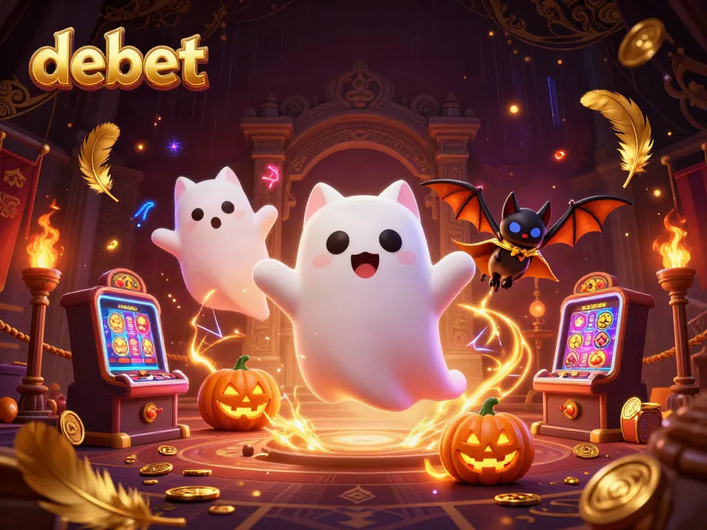 Experience the thrill of debet with a friendly ghost cat and casino elements in an engaging illustration.