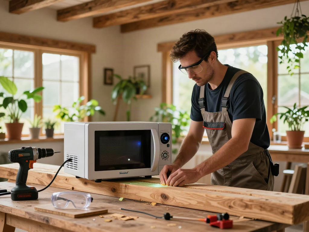 Traitement de bois avec Shashel® dans une maison rustique, technicien concentré et ambiance chaleureuse.