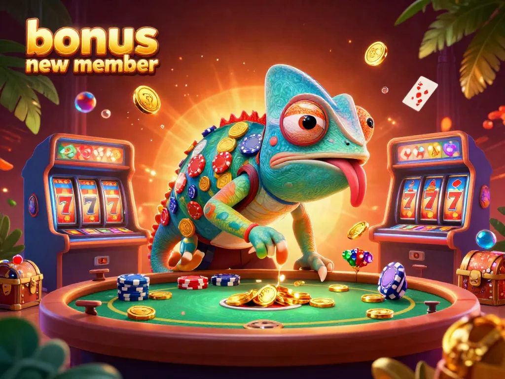 Capture the excitement of gaming with a vibrant illustration showcasing the bonus new member feature in a lively casino atmosphere.
