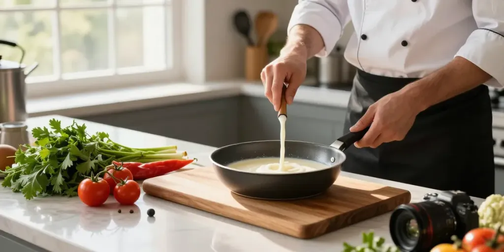Chef preparing sauce in a milk pan with fresh ingredients on a kitchen counter.
