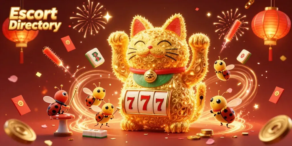 Engage with the vibrant Escort Directory scene featuring a joyful lucky cat and dynamic casino elements.