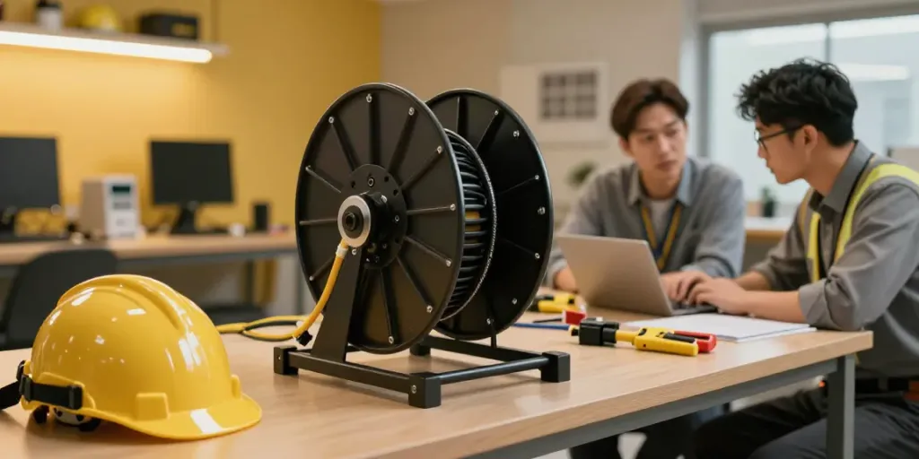 Dispositif de système de freinage pour enrouleur de câble, intégrant des solutions avancées pour la sécurité du stockage et de la manutention des appareils électroniques.