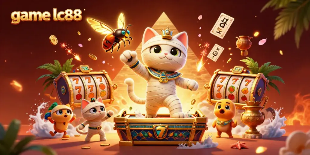 Experience thrilling game lc88 action with a mummy cat, scarab, and dynamic casino elements in a vibrant scene.