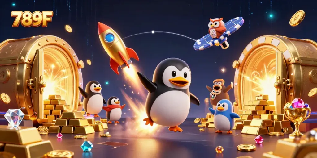Experience the thrilling universe of 789F with a golden penguin shooting through space toward a vibrant casino hub.