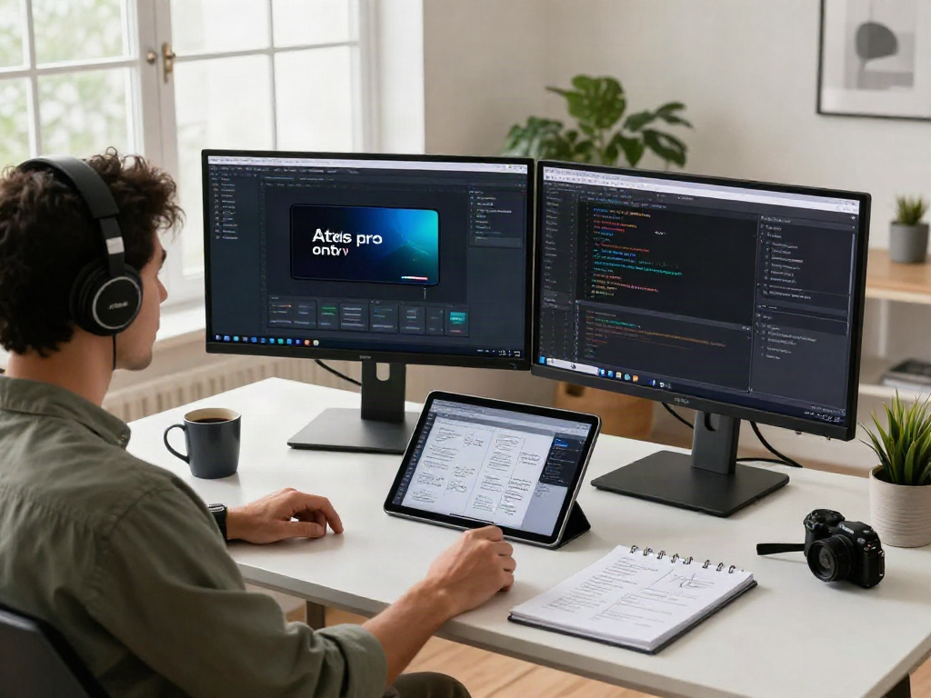 Un développeur utilisant Atlas pro ontv dans son bureau moderne, avec des écrans montrant du code et des designs d'application.