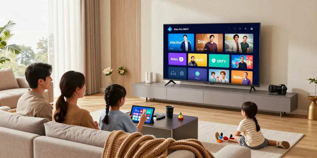 Famille profitant de l'application Atlas Pro ONTV dans un salon chaleureux.