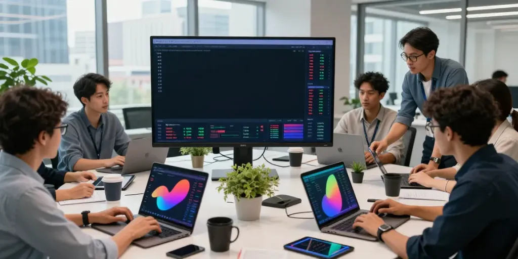 Équipe analysant l'actualité crypto et de la finance décentralisée avec des données à jour dans un bureau moderne.